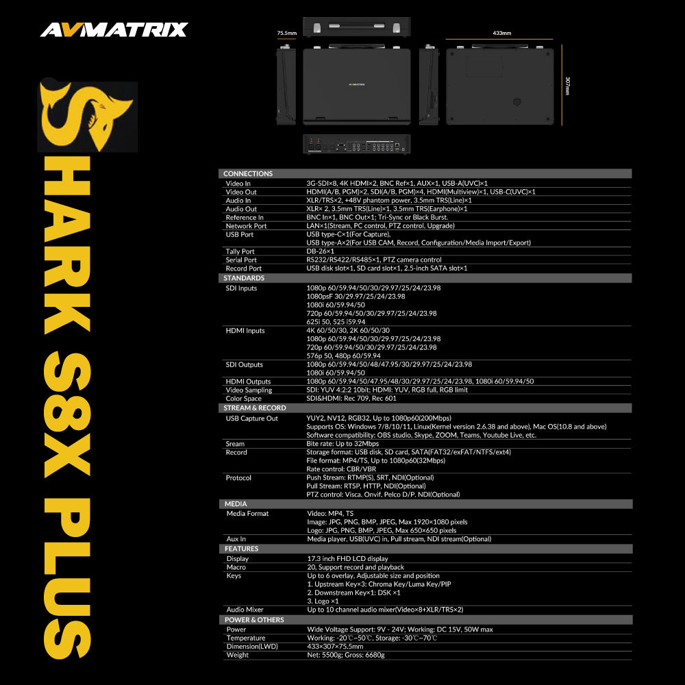 AVMATRIX SHARK S8X PLUS 8-Channel SDI/HDMI Portable Video Switcher with 17.3"" Display