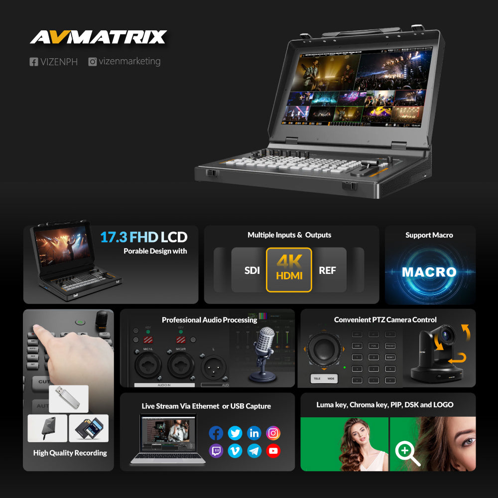 AVMATRIX SHARK S8X PLUS 8-Channel SDI/HDMI Portable Video Switcher with 17.3"" Display
