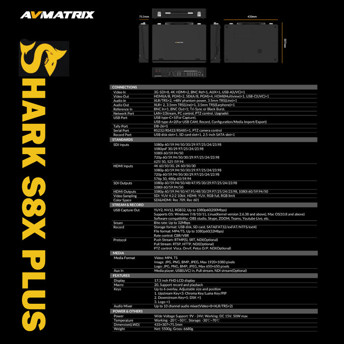 AVMATRIX SHARK S8X PLUS 8-Channel SDI/HDMI Portable Video Switcher with 17.3"" Display