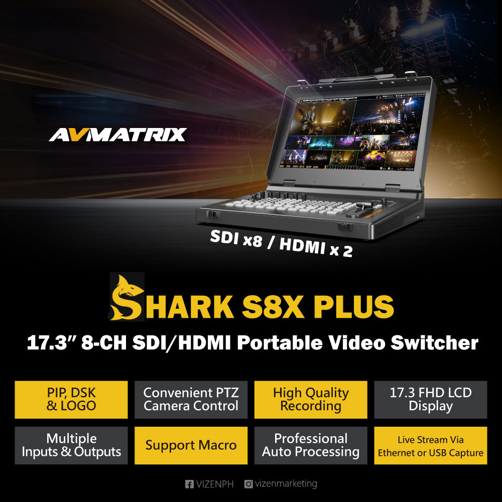 AVMATRIX SHARK S8X PLUS 8-Channel SDI/HDMI Portable Video Switcher with 17.3"" Display
