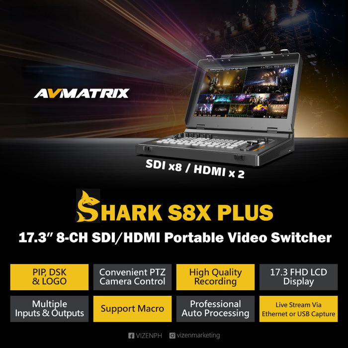 AVMATRIX SHARK S8X PLUS 8-Channel SDI/HDMI Portable Video Switcher with 17.3"" Display