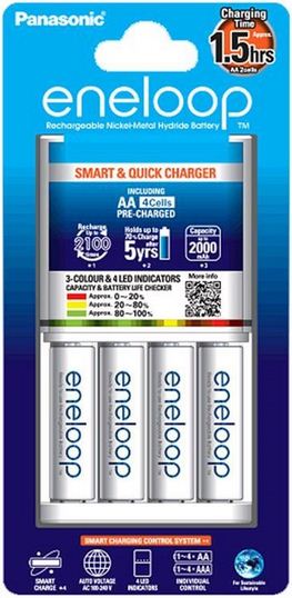 Panasonic Eneloop K-KJ55MCC40T Smart & Quick charger with 3-color LED with eneloop AA Battery Set of 4 (White)
